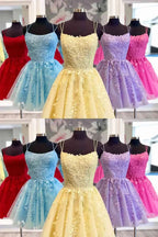 Blue A-line Spaghetti Straps Lace Short Prom Dresses Homecoming Dresses by Ombreprom