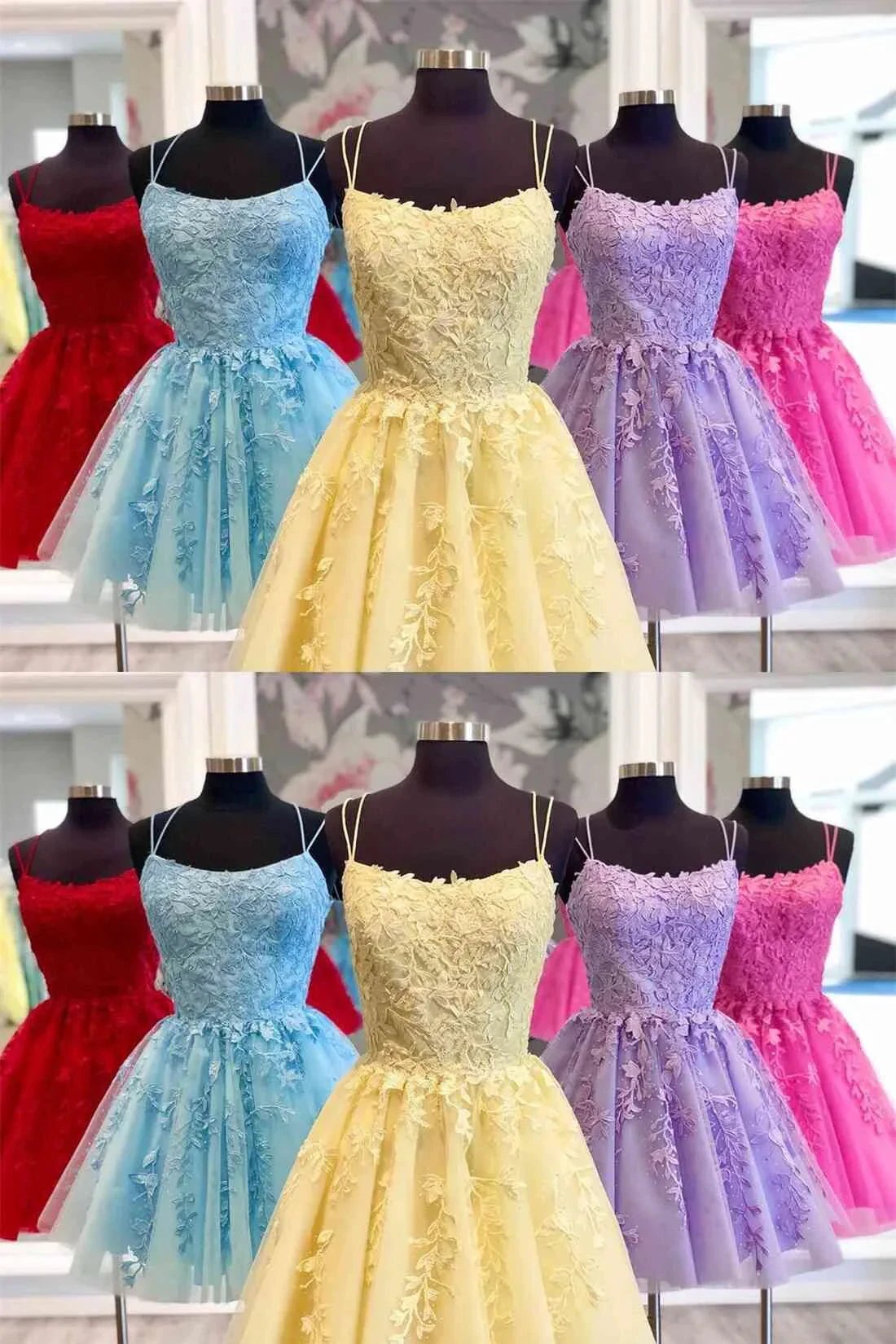 Blue A-line Spaghetti Straps Lace Short Prom Dresses Homecoming Dresses by Ombreprom