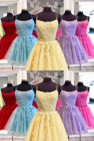 Blue A-line Spaghetti Straps Lace Short Prom Dresses Homecoming Dresses