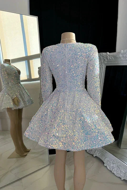 Sparkling V-neck A-line Graduation Dress With Sequins White Short Homecoming Dress Y1951 by simplepromdress
