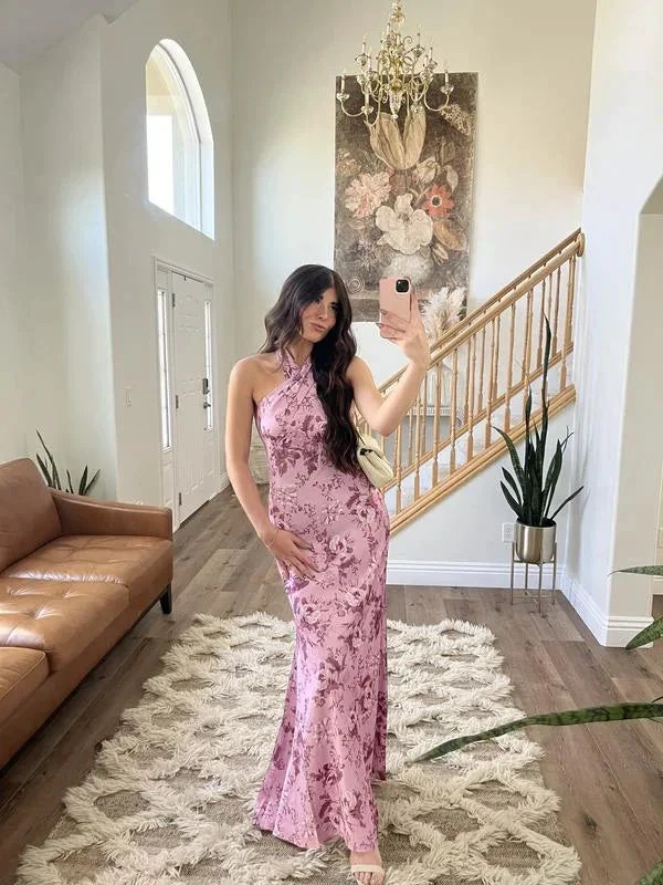 Elegant Halter Pink Satin Print Long Prom Dress Evening Dress Y8454 by simplepromdress