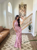 Elegant Halter Pink Satin Print Long Prom Dress Evening Dress Y8454 by simplepromdress