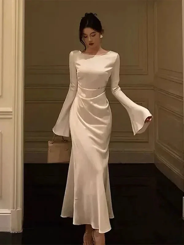 Women's O-Neck Satin Evening Dress Simple White Cocktail Dress Y6894 by simplepromdress