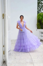Lavender Deep V Neck Tulle Prom Dress Lavender Evening Dress Y6185 by simplepromdress