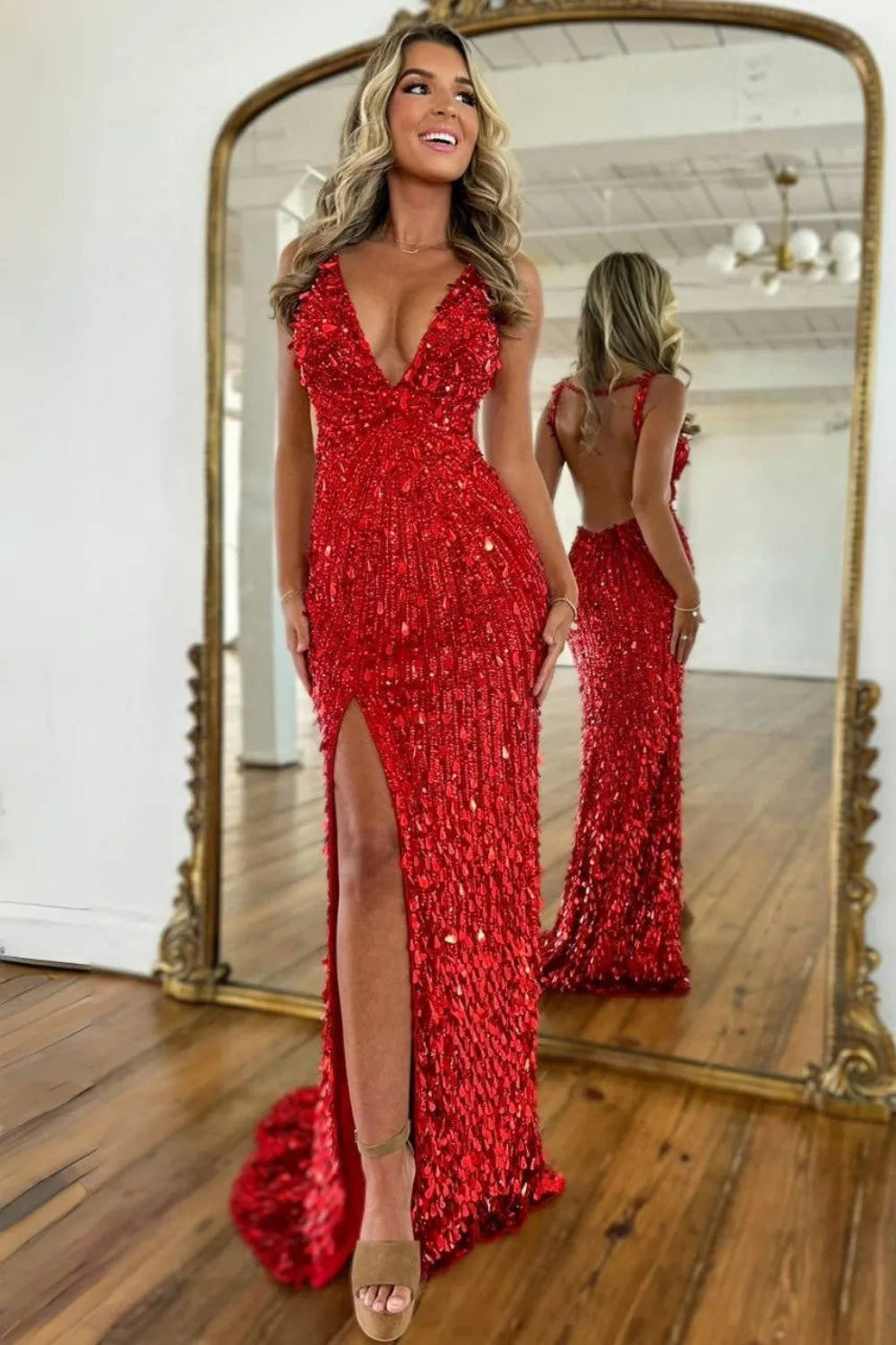 Sparkly Gold Mermaid Sequins Sweetheart Long Corset Prom Dress with Slit