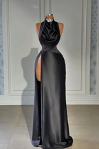 Black Long Evening Dress Satin Halter With High Slit Pleated Y6617 by simplepromdress