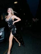 Charming Black Satin Beaded Slit Prom Dress Spaghetti Straps Sheath Evening Gown Y8229 by simplepromdress