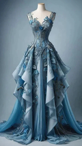 Classy Blue Chiffon Appliques Ruffles Long Prom Dress Evening Dress Y8385 by simplepromdress