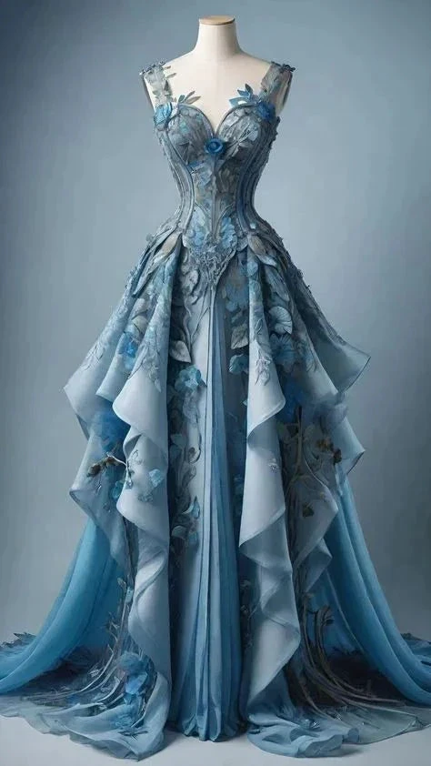 Classy Blue Chiffon Appliques Ruffles Long Prom Dress Evening Dress Y8385 by simplepromdress