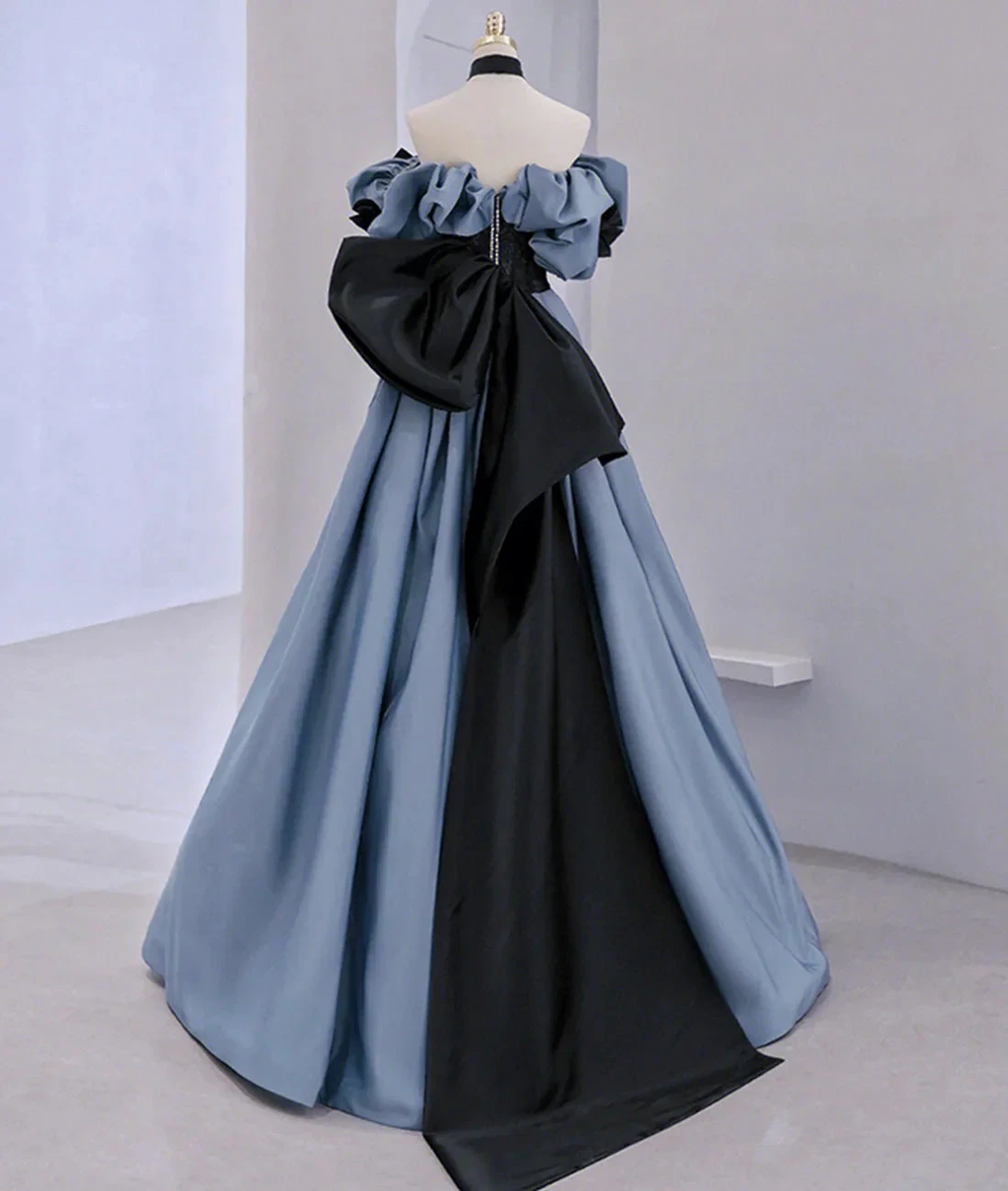 Off Shoulder Satin Lace Long Prom Dress, Blue Evening Dress Y2619 by simplepromdress
