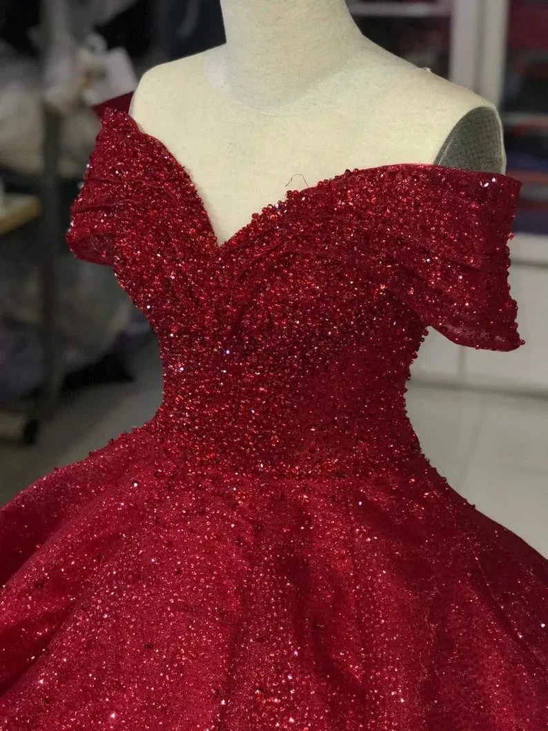 Luxurious Off Shoulder Red Glitter Beading Ball Gown Sweet 16 Dress Y1275 by simplepromdress