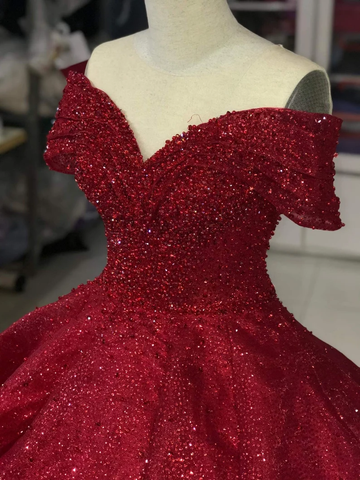 Luxuriöses schulterfreies rotes Glitzer-Ballkleid mit Perlenverzierung, Sweet 16-Kleid, Y1275