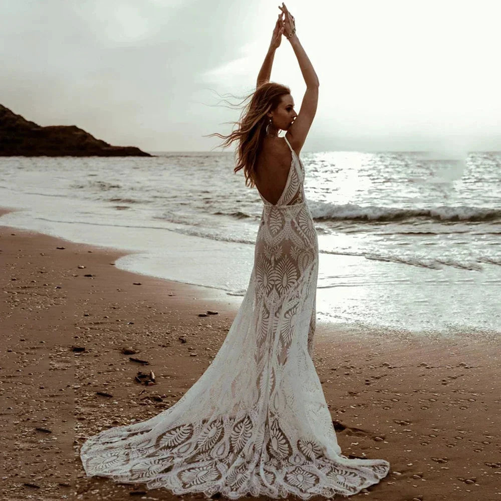 Sexy Lace V Neck Beach Mermaid Wedding Dresses 2023 Spaghetti Straps Sleeveless Bridal Dresses Backless Vestidos De Novia by payinti