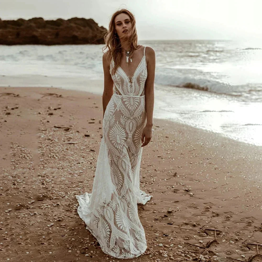 Sexy Lace V Neck Beach Mermaid Wedding Dresses 2023 Spaghetti Straps Sleeveless Bridal Dresses Backless Vestidos De Novia by payinti