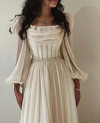 Elegant long-sleeve cream chiffon gown with jeweled waist from ZAPDRESS