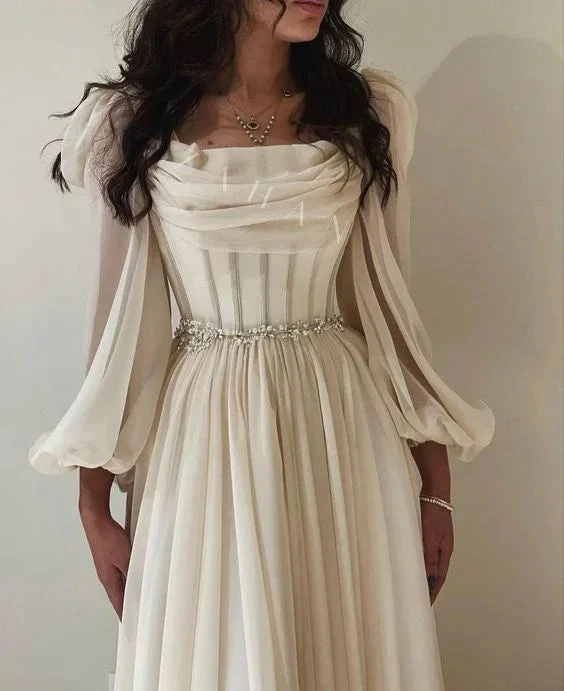 Elegant long-sleeve cream chiffon gown with jeweled waist from ZAPDRESS