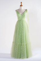 V-neck Dotted Floor Length Tulle Prom Dress by Anne of Brittany
