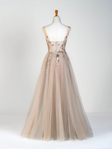 Vestido de fiesta con apliques de tul y encaje hasta el suelo con corsé
