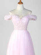 Sweetheart Neck Off the Shoulder Tea Length Tulle Prom Dress by Anne of Brittany