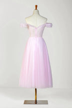 Sweetheart Neck Off the Shoulder Tea Length Tulle Prom Dress by Anne of Brittany