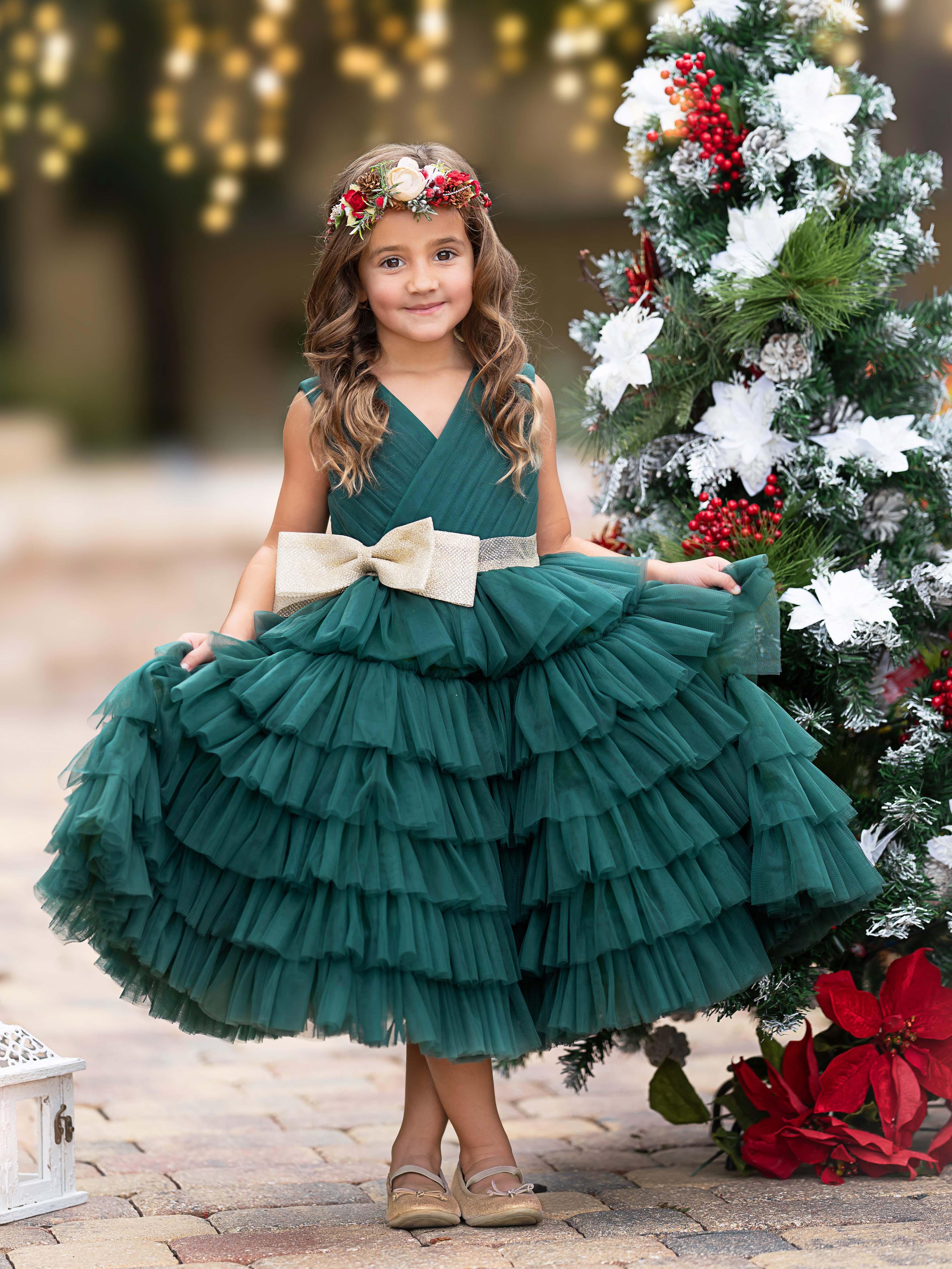 Enchanting Dark Green Tulle Ruffled Dress with Gold Bow - photo 1