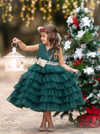 Enchanting Dark Green Tulle Ruffled Dress with Gold Bow - photo 3