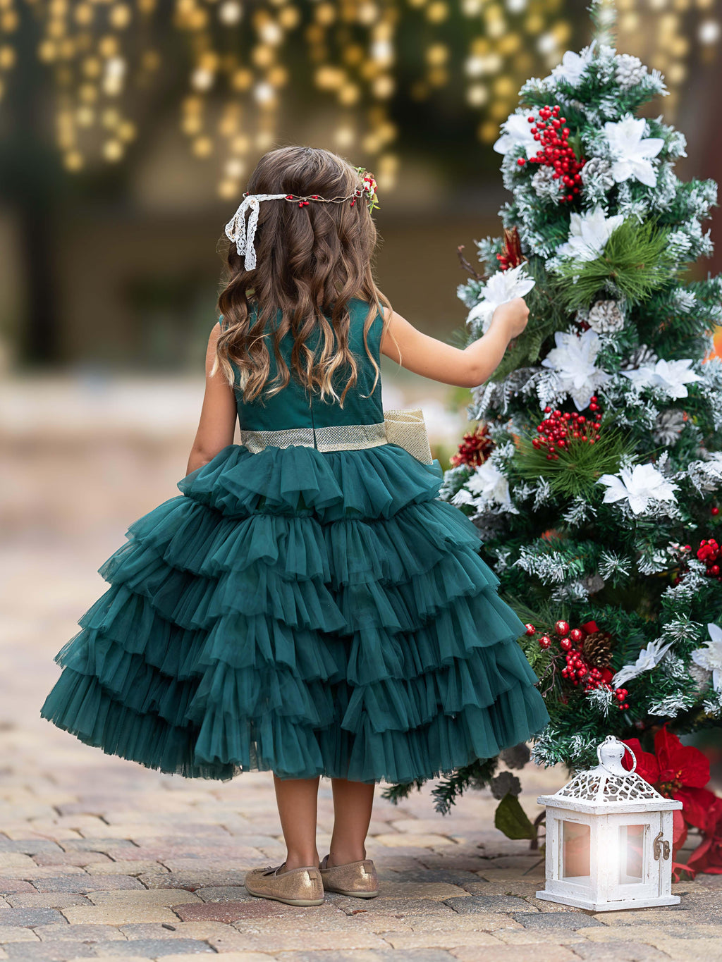 Enchanting Dark Green Tulle Ruffled Dress with Gold Bow - photo 4