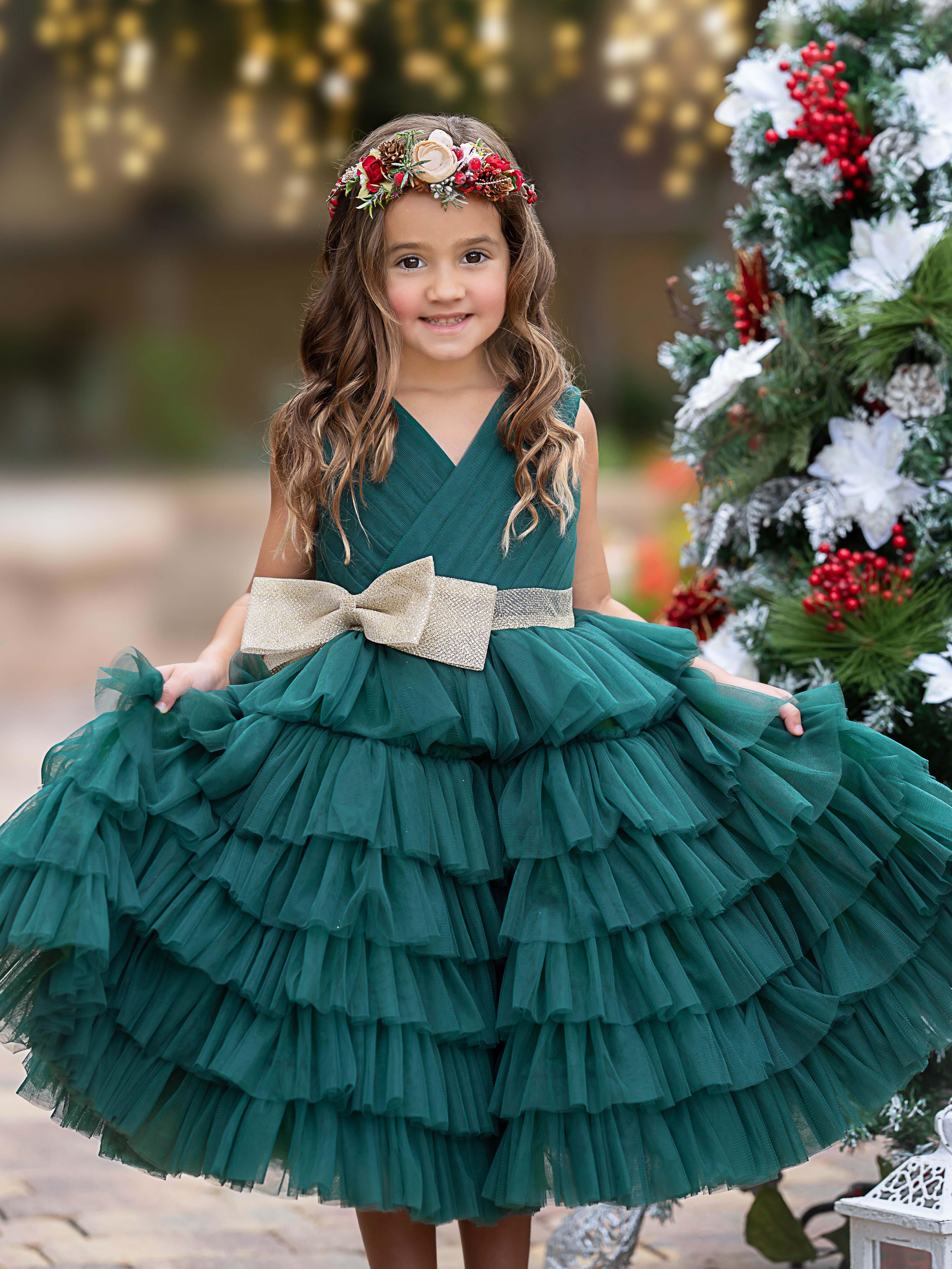 Enchanting Dark Green Tulle Ruffled Dress with Gold Bow - photo 5