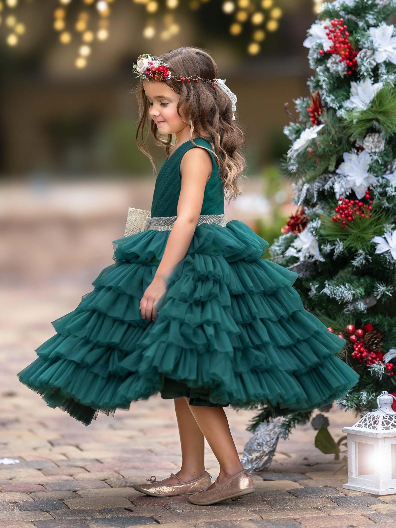 Enchanting Dark Green Tulle Ruffled Dress with Gold Bow - photo 2