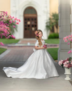 Elegant Ivory Satin Princess Ball Gown with Sweep Train and Bow for Flower Girls - photo 5