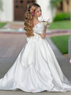 Elegant Ivory Satin Princess Ball Gown with Sweep Train and Bow for Flower Girls - photo 4
