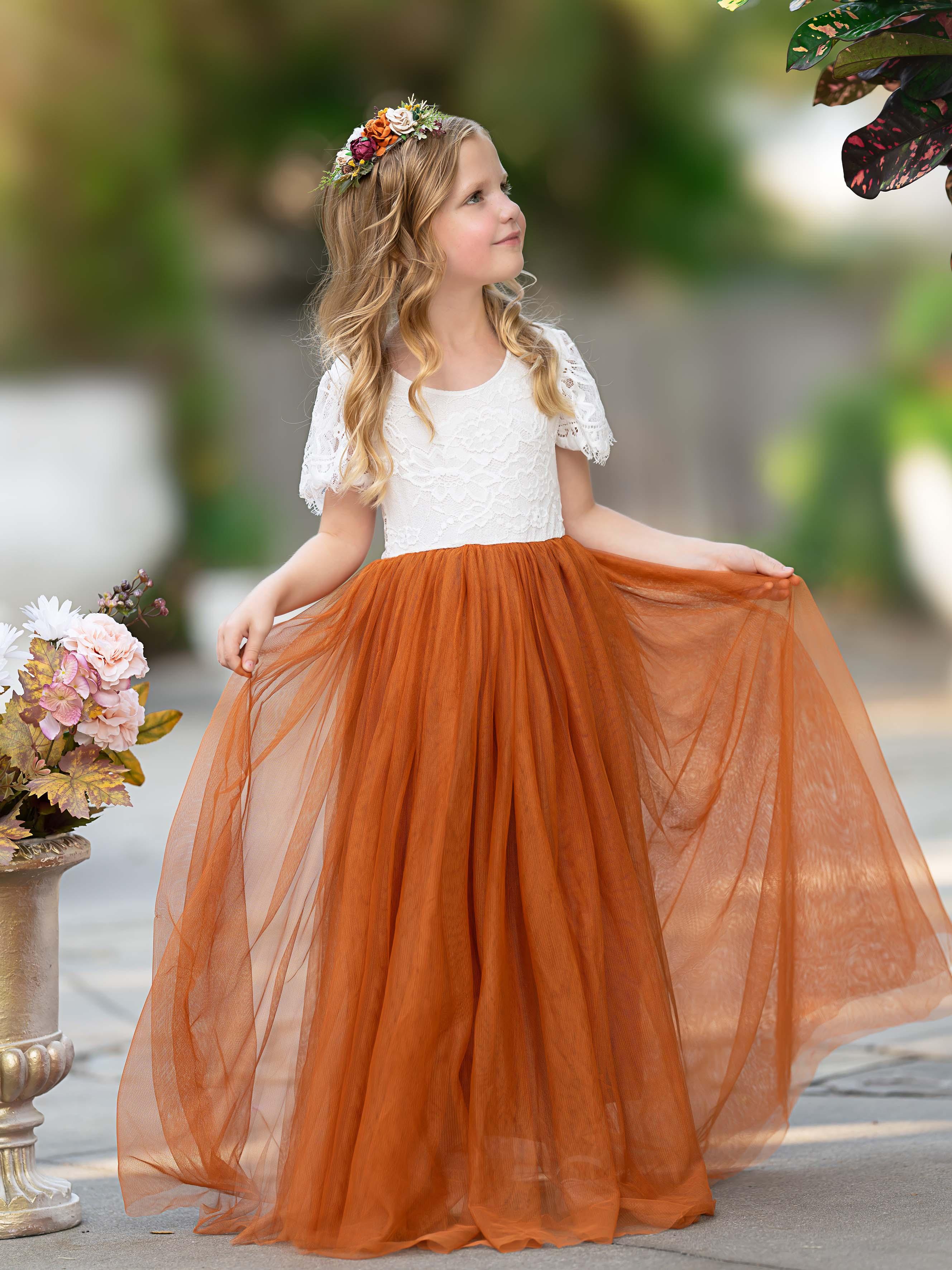 Lace Ankle-length Burnt Orange Boho Flower Girl Dress - photo 2