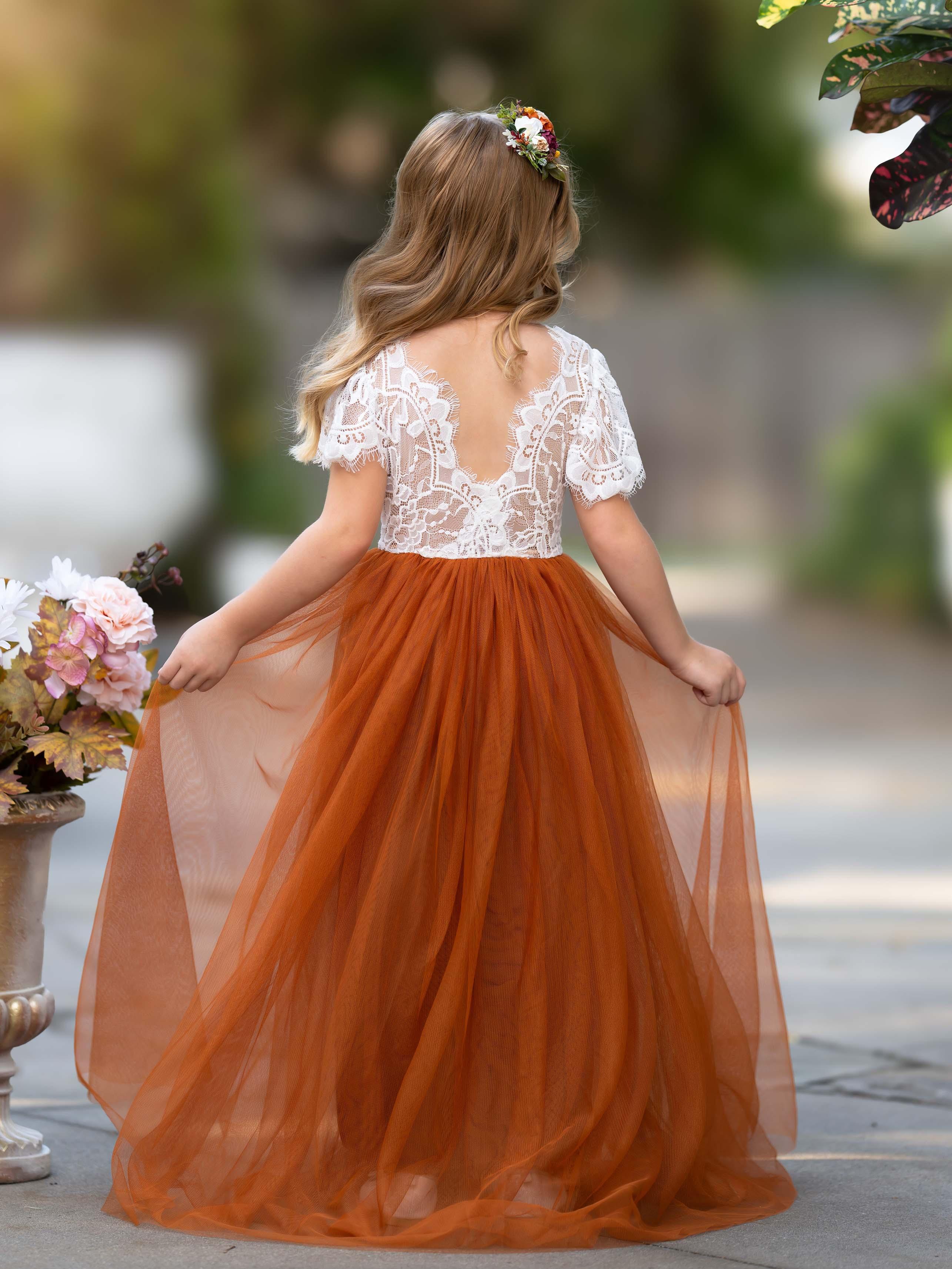 Lace Ankle-length Burnt Orange Boho Flower Girl Dress - photo 4
