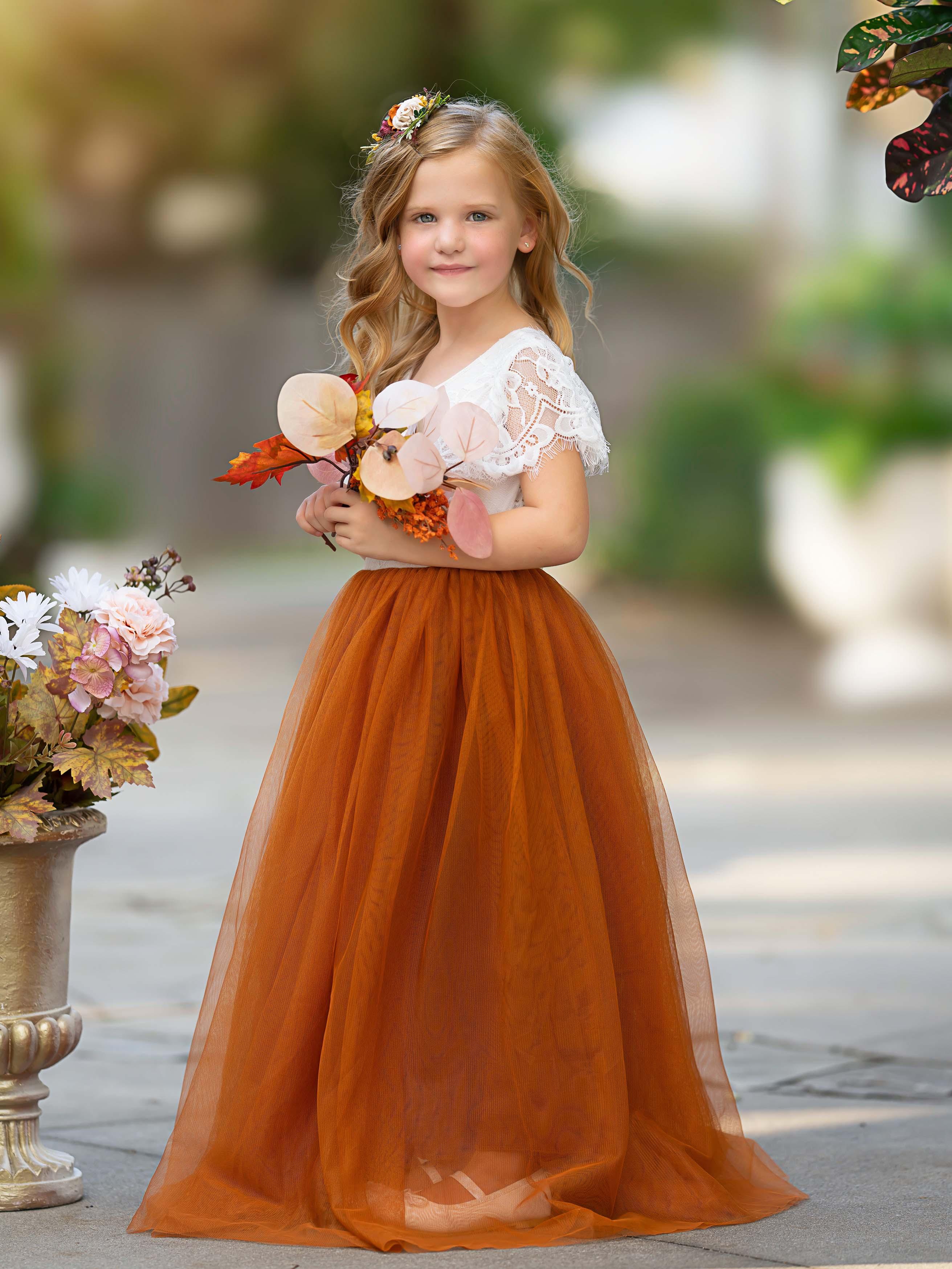 Lace Ankle-length Burnt Orange Boho Flower Girl Dress - photo 3