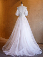 A-line V-neck Pearl Embellished Tulle Lace Floor Length Prom Dresses by Anne of Brittany