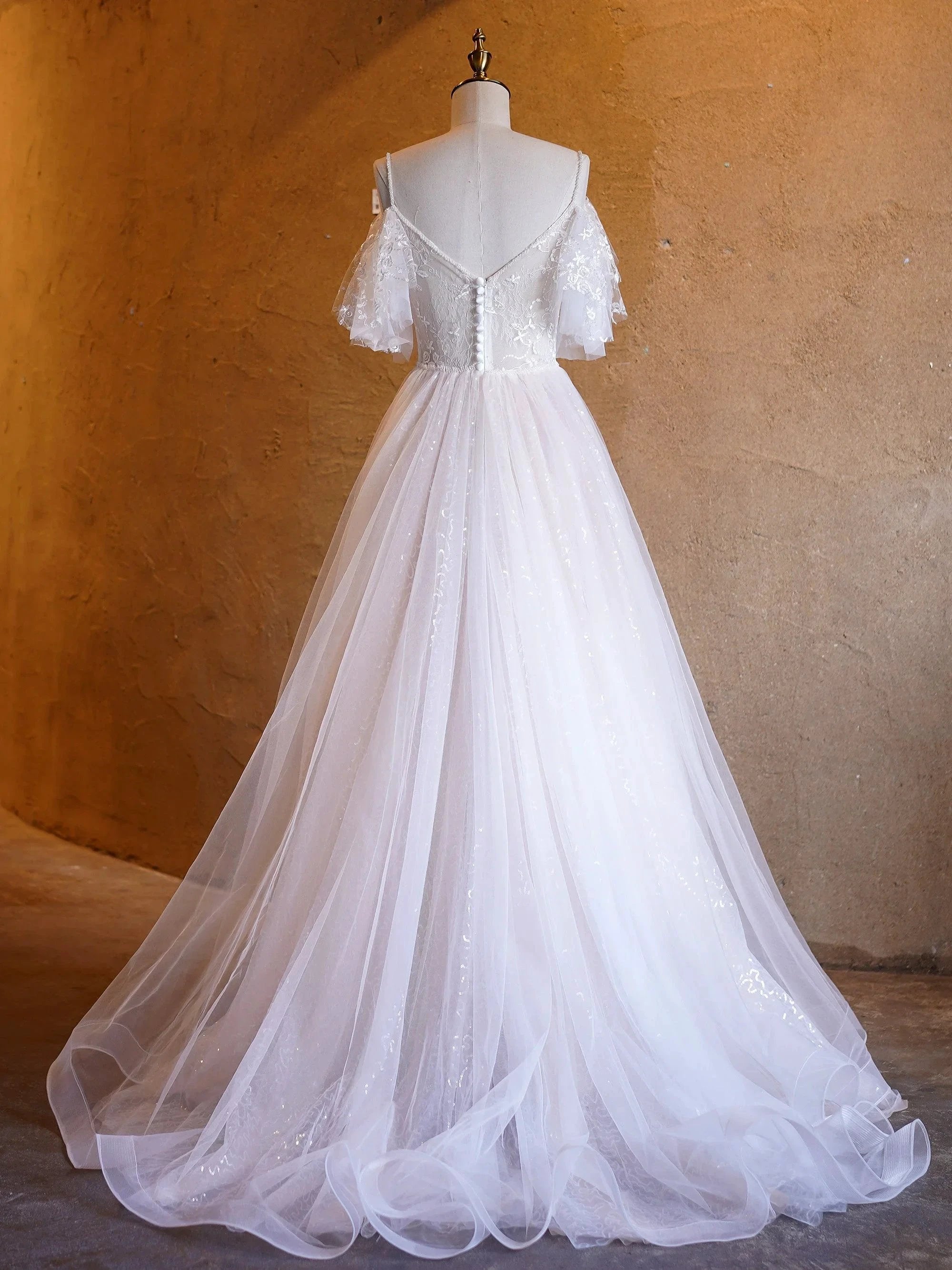 A-line V-neck Pearl Embellished Tulle Lace Floor Length Prom Dresses by Anne of Brittany