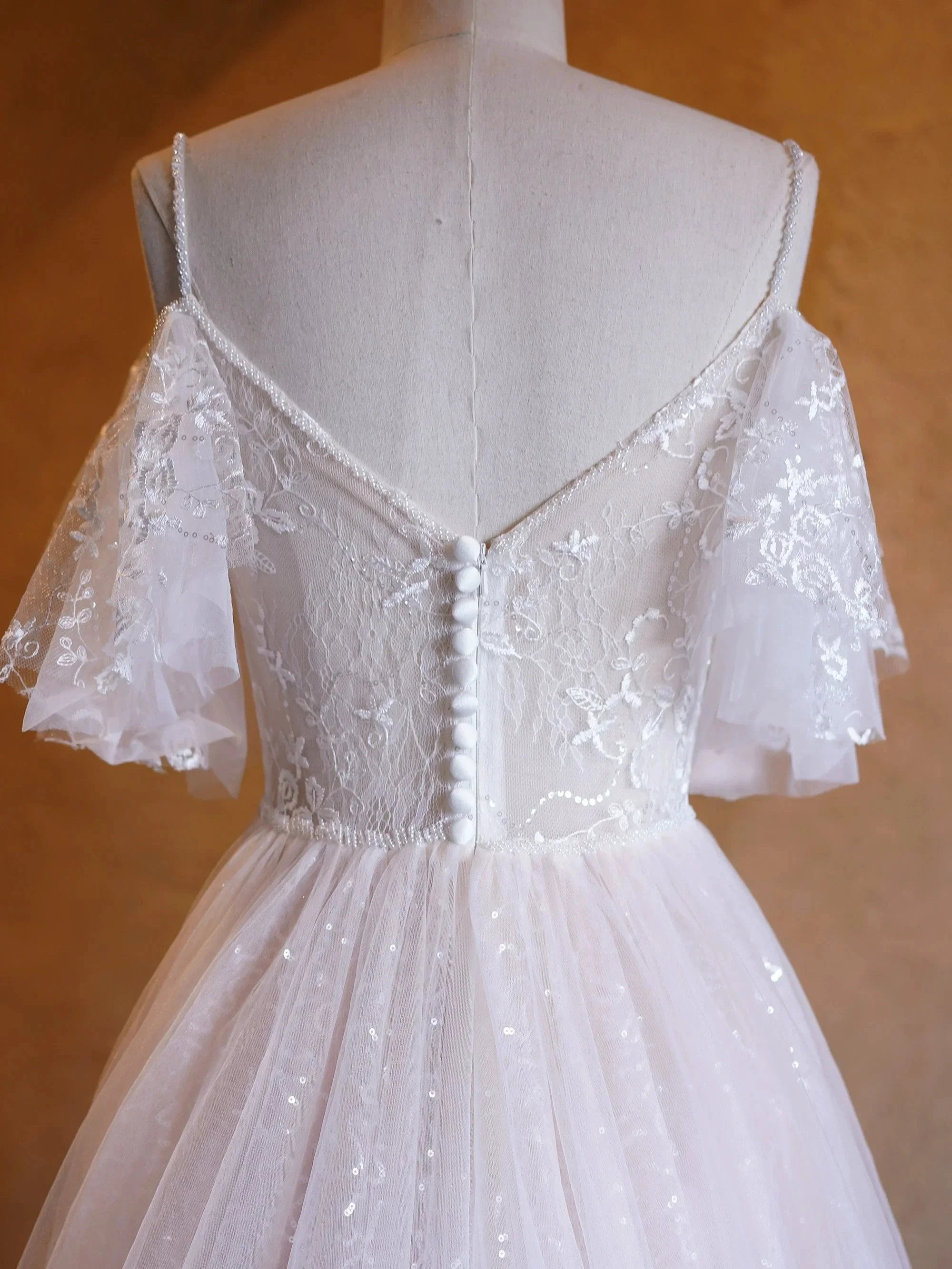 A-line V-neck Pearl Embellished Tulle Lace Floor Length Prom Dresses by Anne of Brittany