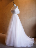 A-line V-neck Pearl Embellished Tulle Lace Floor Length Prom Dresses by Anne of Brittany