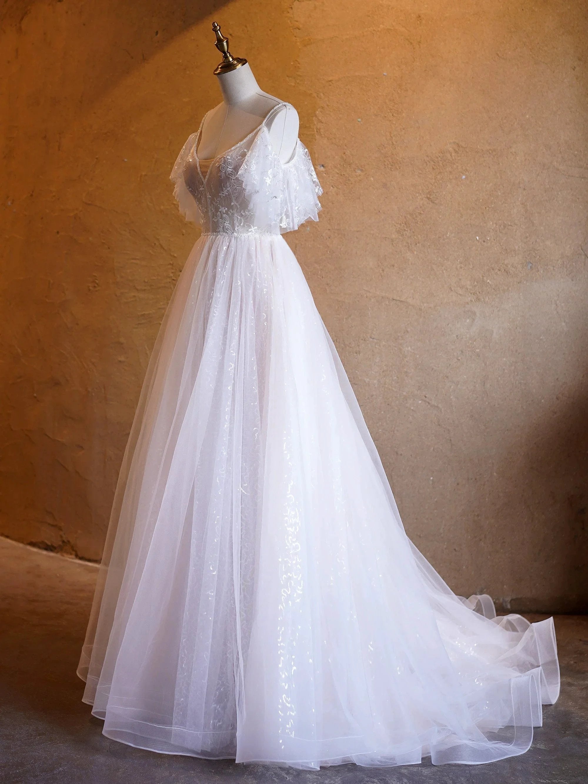 A-line V-neck Pearl Embellished Tulle Lace Floor Length Prom Dresses by Anne of Brittany