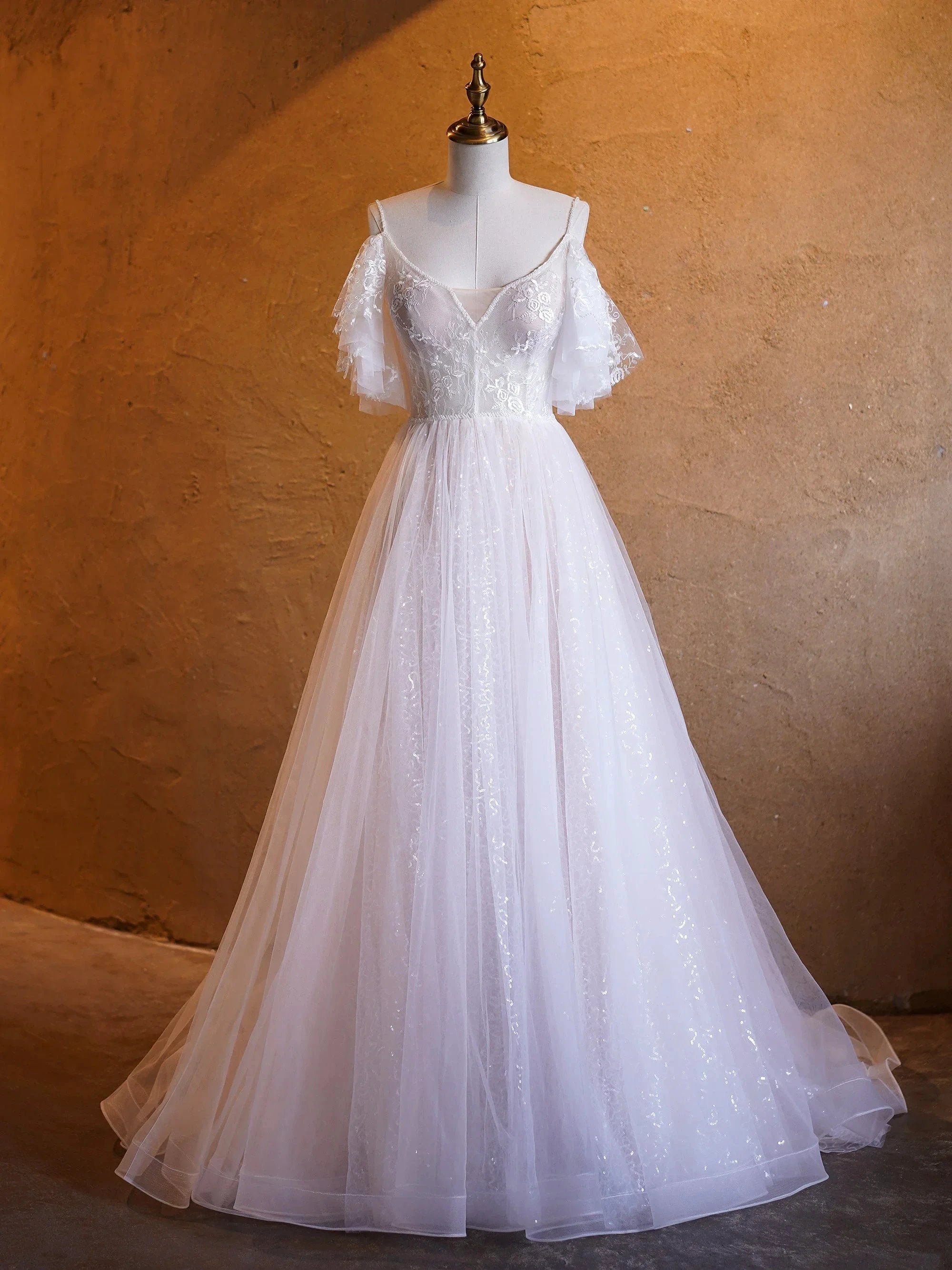 A-line V-neck Pearl Embellished Tulle Lace Floor Length Prom Dresses by Anne of Brittany