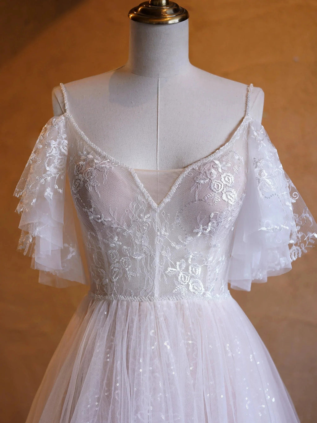 A-line V-neck Pearl Embellished Tulle Lace Floor Length Prom Dresses by Anne of Brittany