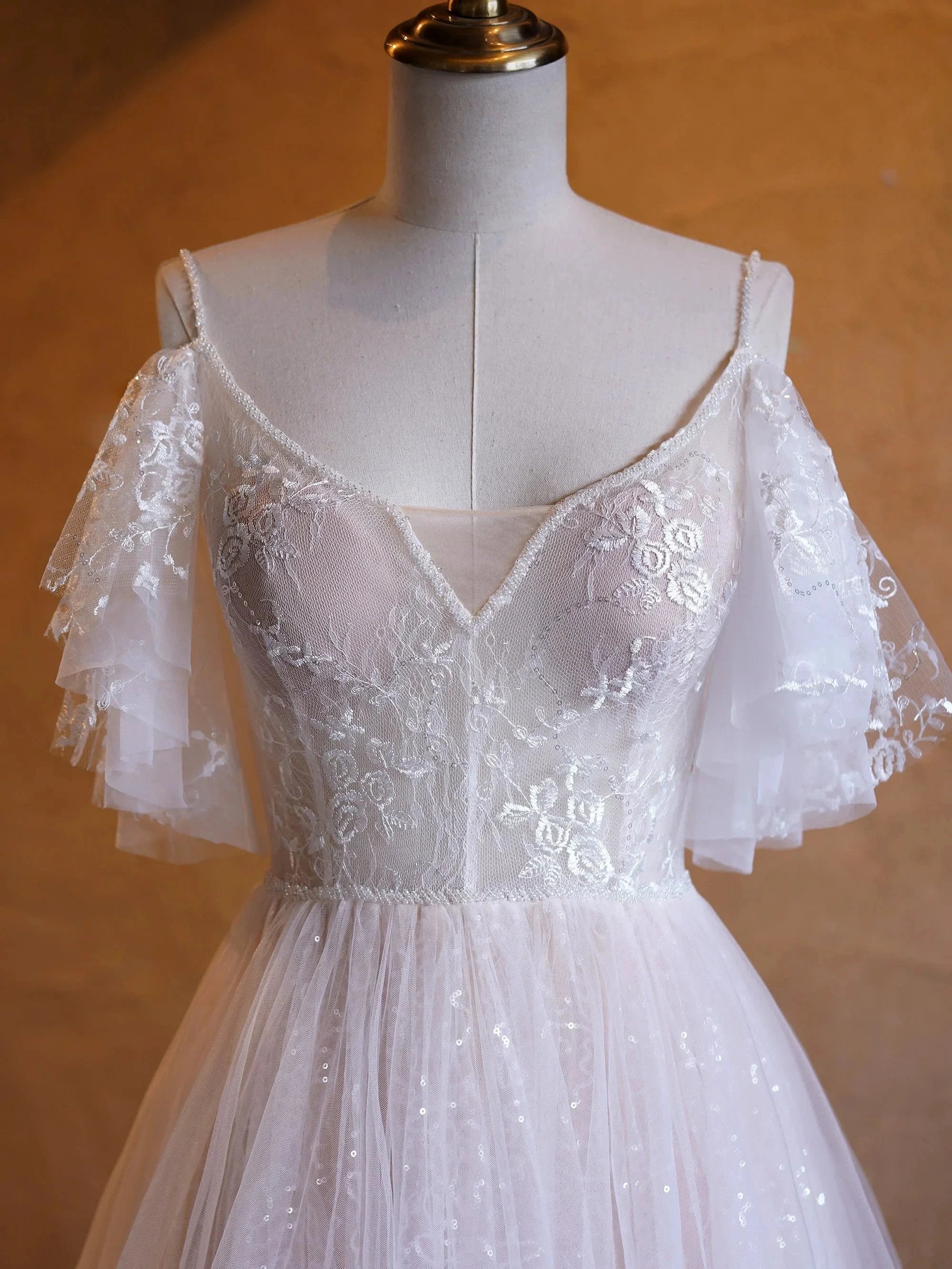 A-line V-neck Pearl Embellished Tulle Lace Floor Length Prom Dresses by Anne of Brittany