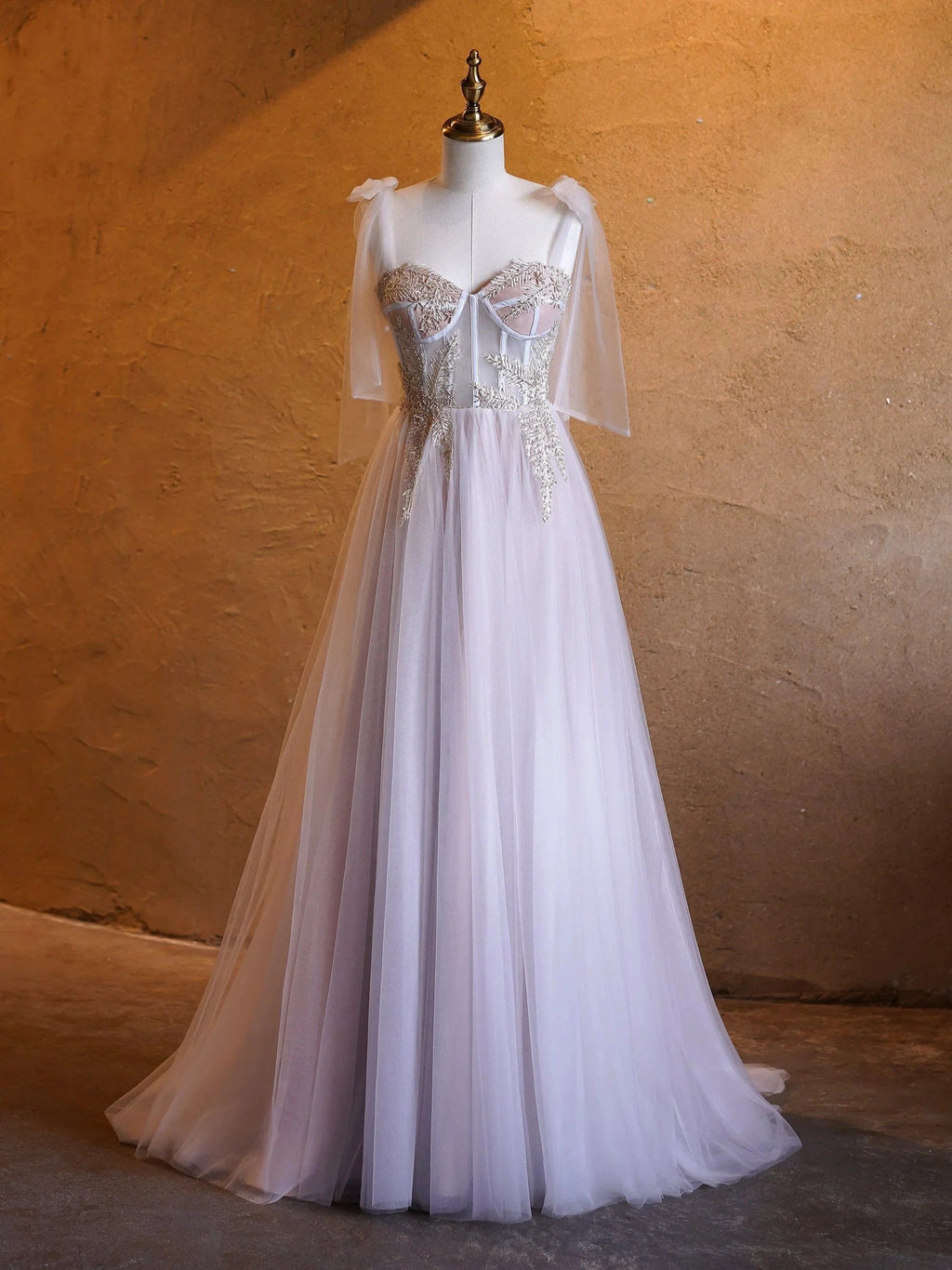 A-line Corset Applique Tulle Bow Straps Long Prom Dress with sweep train by Anne of Brittany