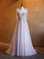 A-line Corset Applique Tulle Bow Straps Long Prom Dress with sweep train by Anne of Brittany