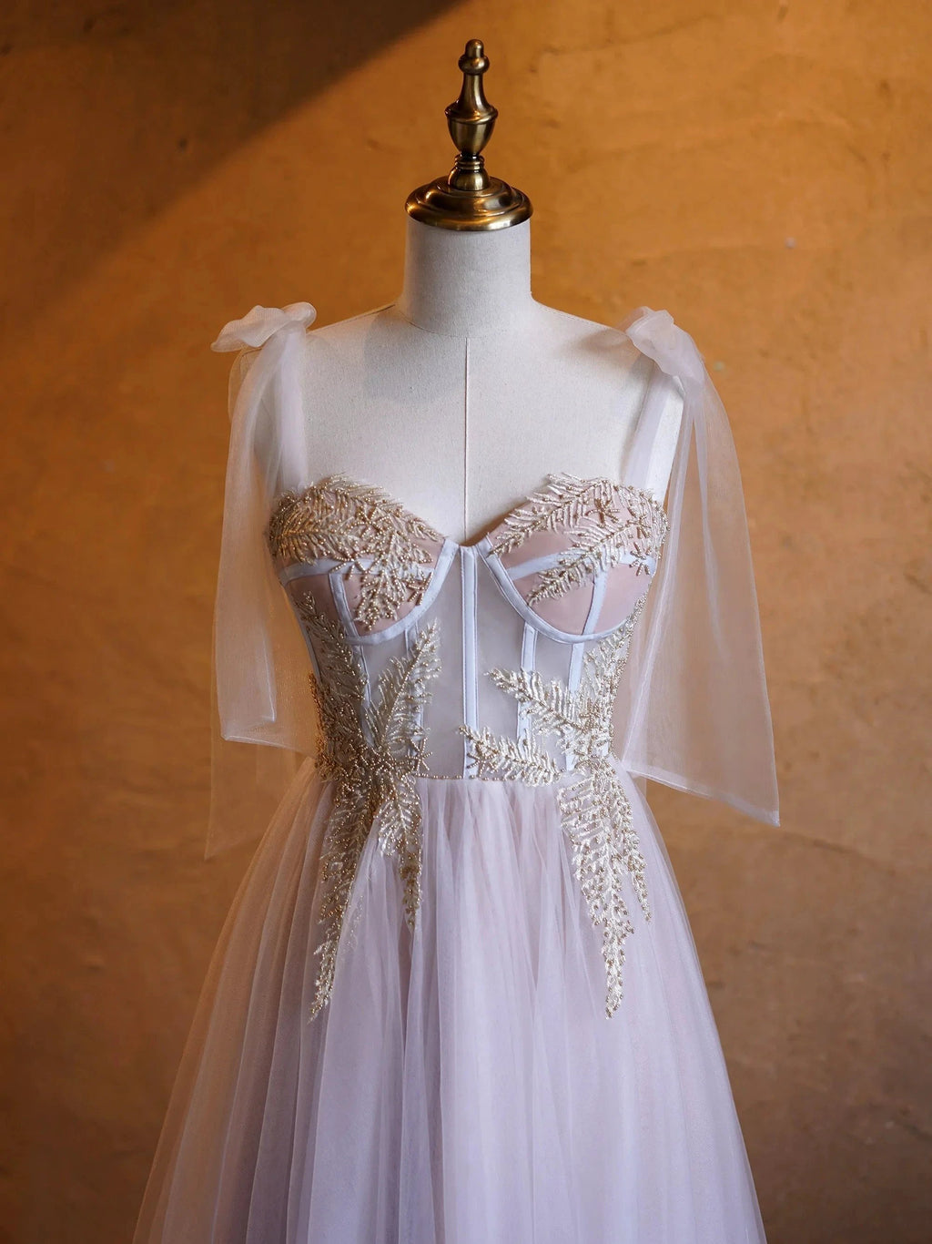 A-line Corset Applique Tulle Bow Straps Long Prom Dress with sweep train by Anne of Brittany