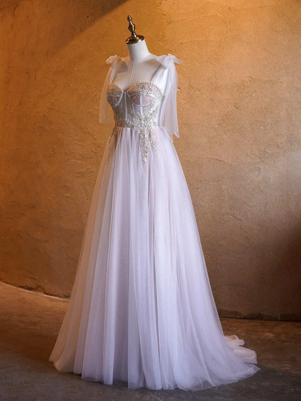 A-line Corset Applique Tulle Bow Straps Long Prom Dress with sweep train by Anne of Brittany
