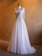 A-line Corset Applique Tulle Bow Straps Long Prom Dress with sweep train by Anne of Brittany