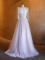 A-line Corset Applique Tulle Bow Straps Long Prom Dress with sweep train by Anne of Brittany