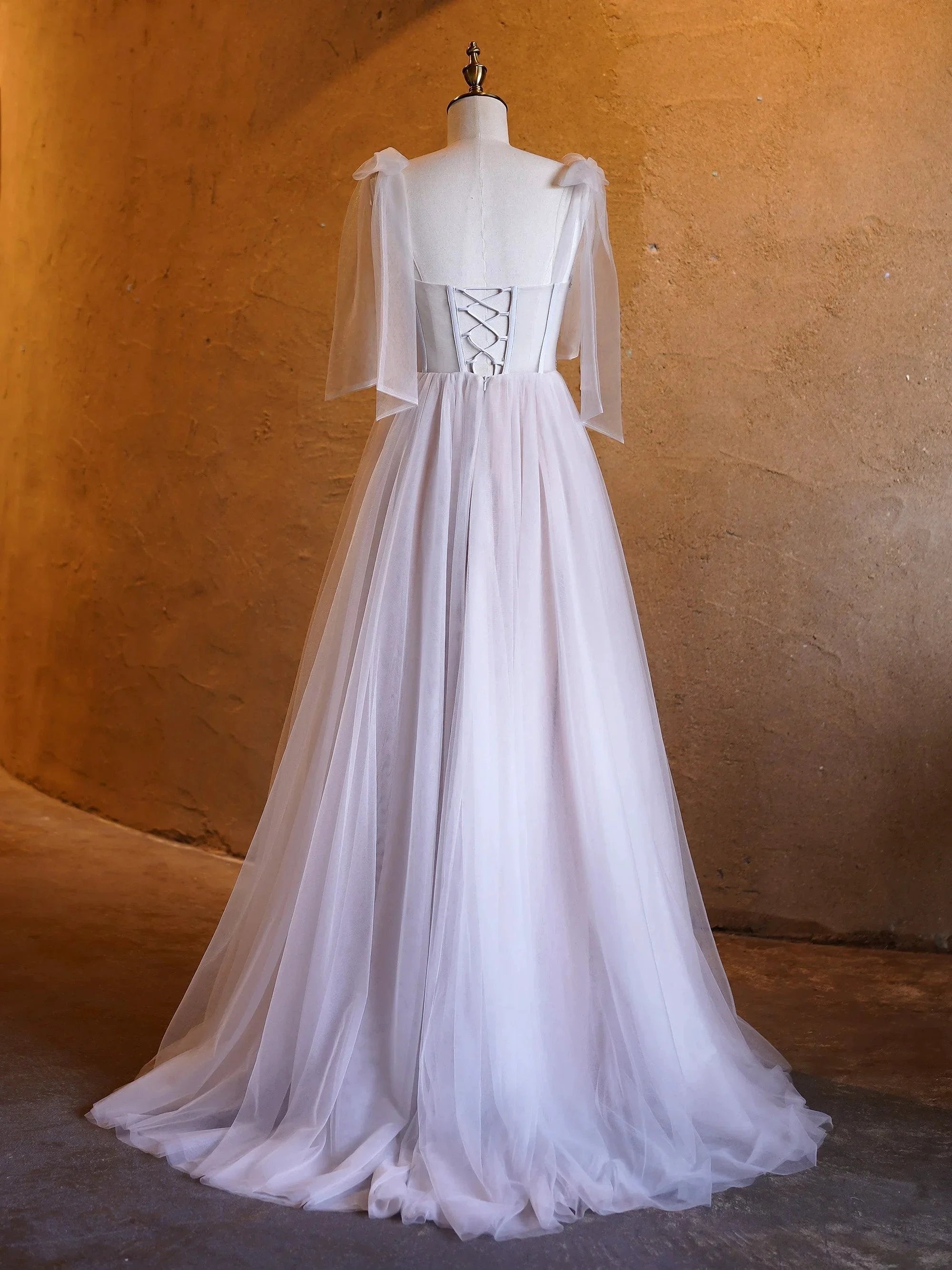 A-line Corset Applique Tulle Bow Straps Long Prom Dress with sweep train by Anne of Brittany