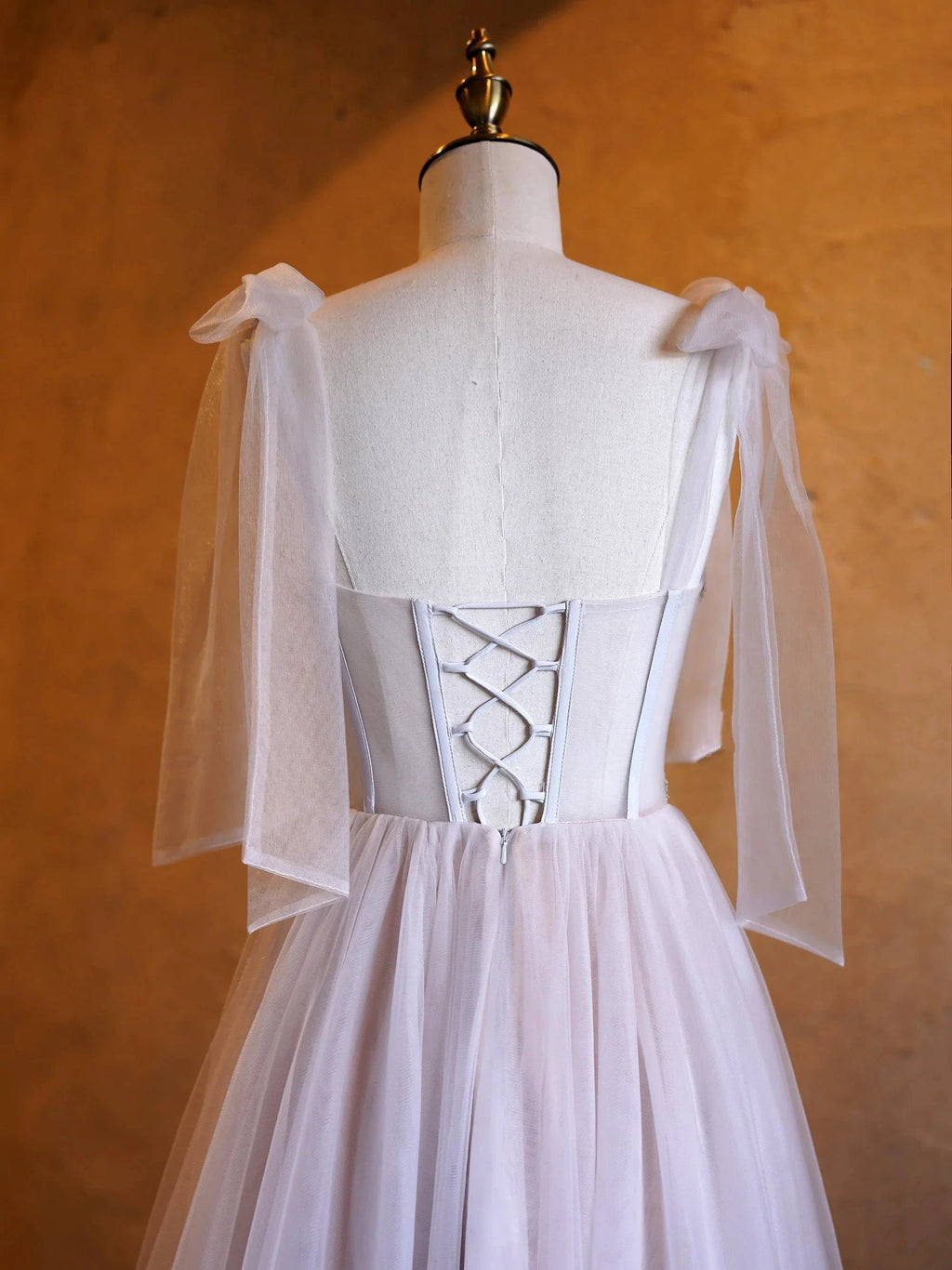 A-line Corset Applique Tulle Bow Straps Long Prom Dress with sweep train by Anne of Brittany